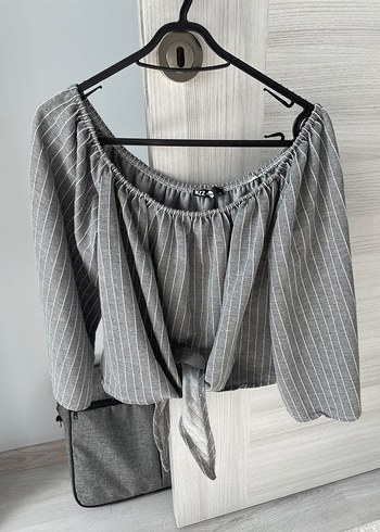 Gri Çizgili Keten Mini Bluz - Görsel 3