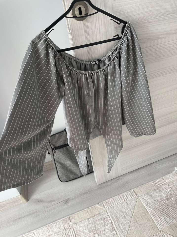 Gri Çizgili Keten Mini Bluz - Görsel 2