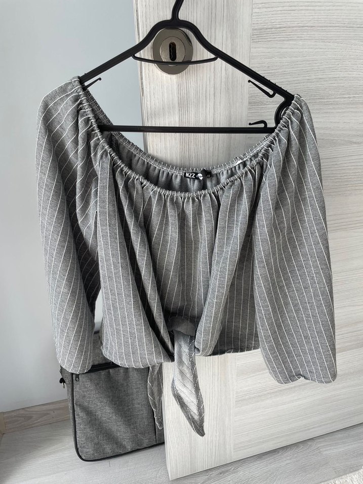 Gri Çizgili Keten Mini Bluz - Görsel 3