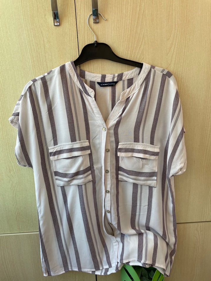 V Yaka Düğmeli Çizgili Keten Kadın Gömlek - Görsel 4