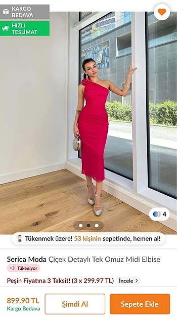 40 Beden Çiçek Detaylı Tek Omuz Fuşya Elbise