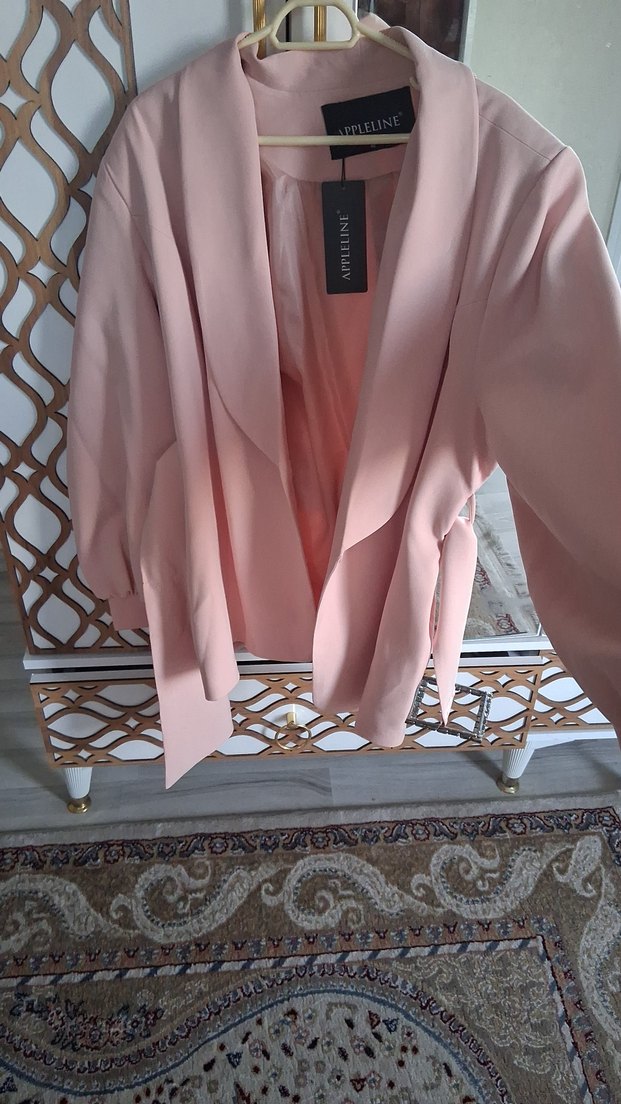 Pembe Saten balın kolye ceket taşlı kemerli - Görsel 2