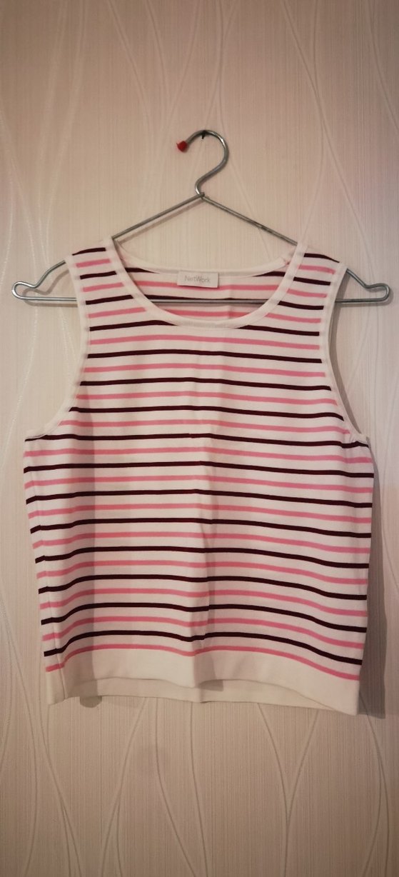 Pembe Çizgili Kısa Triko Kadın Atlet - Görsel 2