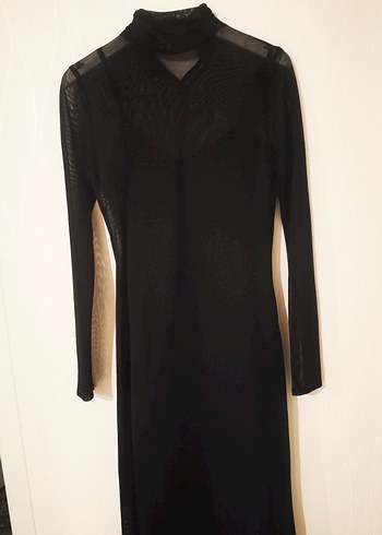 Siyah Uzun Kollu Yüksek Yakalı Tül Kadın Elbise - Görsel 4