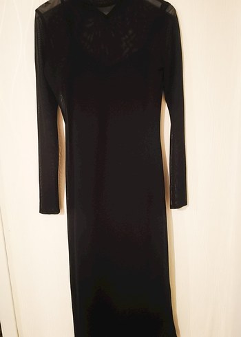 Siyah Uzun Kollu Yüksek Yakalı Tül Kadın Elbise - Görsel 6