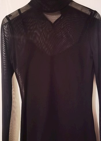 Siyah Uzun Kollu Yüksek Yakalı Tül Kadın Elbise - Görsel 5