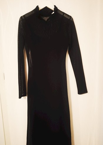 Siyah Uzun Kollu Yüksek Yakalı Tül Kadın Elbise - Görsel 9