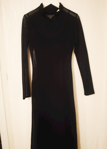 Siyah Uzun Kollu Yüksek Yakalı Tül Kadın Elbise - Görsel 7