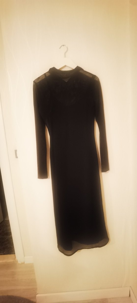 Siyah Uzun Kollu Yüksek Yakalı Tül Kadın Elbise - Görsel 2