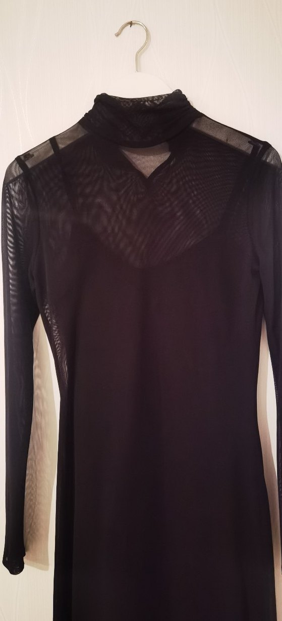 Siyah Uzun Kollu Yüksek Yakalı Tül Kadın Elbise - Görsel 5