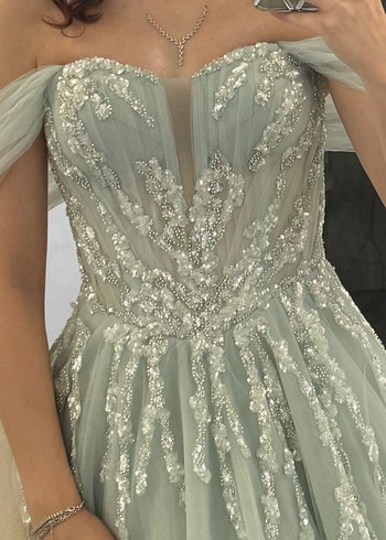 İşlemeli Straplez Uzun Su Yeşili Nişan Elbisesi - Görsel 6