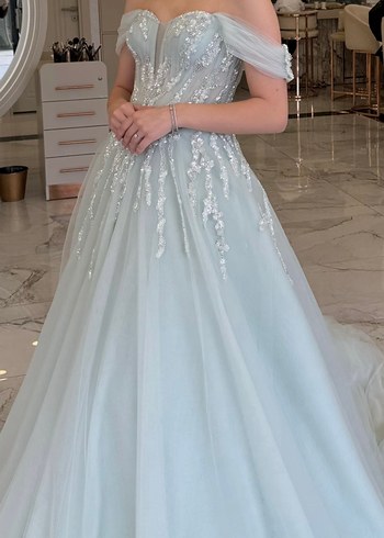 İşlemeli Straplez Uzun Su Yeşili Nişan Elbisesi - Görsel 5