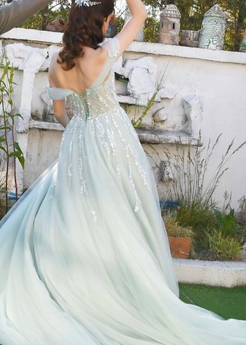 İşlemeli Straplez Uzun Su Yeşili Nişan Elbisesi - Görsel 4