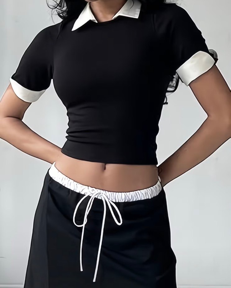 Siyah Beyaz Yaka Kısa Kollu Kadın Gömlek - Görsel 3