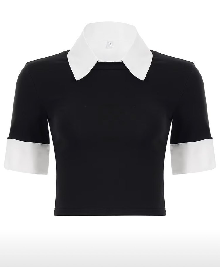 Siyah Beyaz Yaka Kısa Kollu Kadın Gömlek - Görsel 4