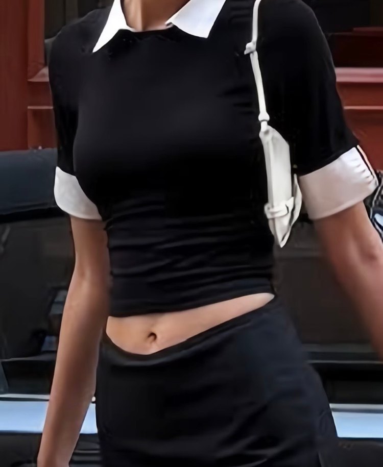 Siyah Beyaz Yaka Kısa Kollu Kadın Gömlek - Görsel 2