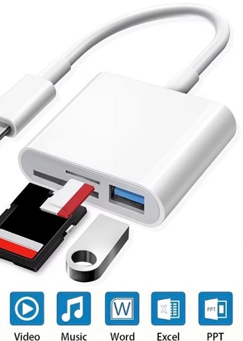 USB-C ve SD Kart Veri Aktarım Adaptörü Beyaz - Görsel 2