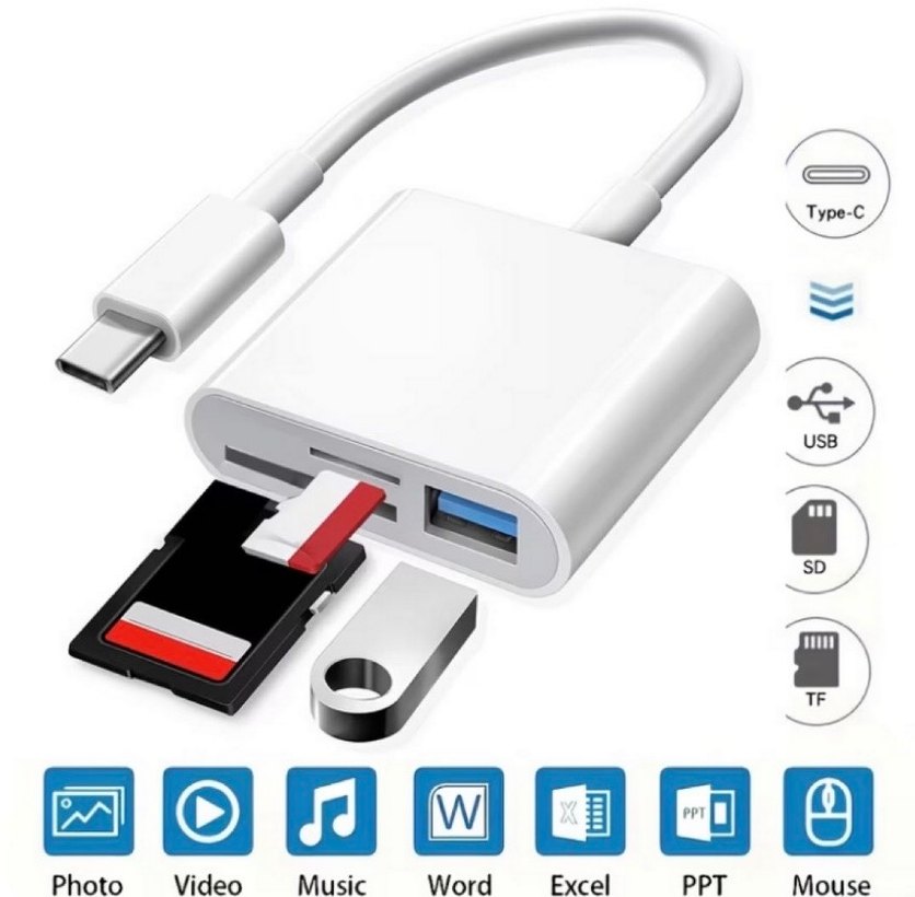 USB-C ve SD Kart Veri Aktarım Adaptörü Beyaz - Görsel 2