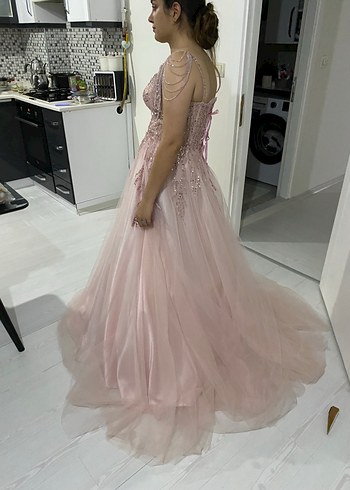 Abiye Pembe İşlemeli Uzun Abiye Elbise
