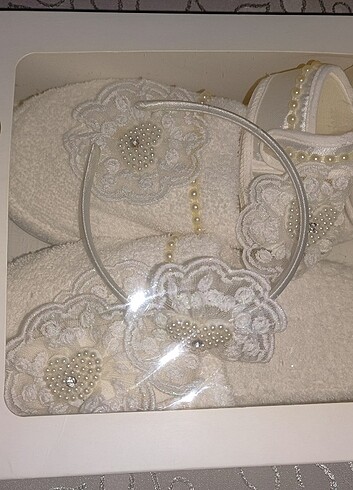 İncili  Krem Lohusa Terlik Taç 4 Lü Set - Görsel 6