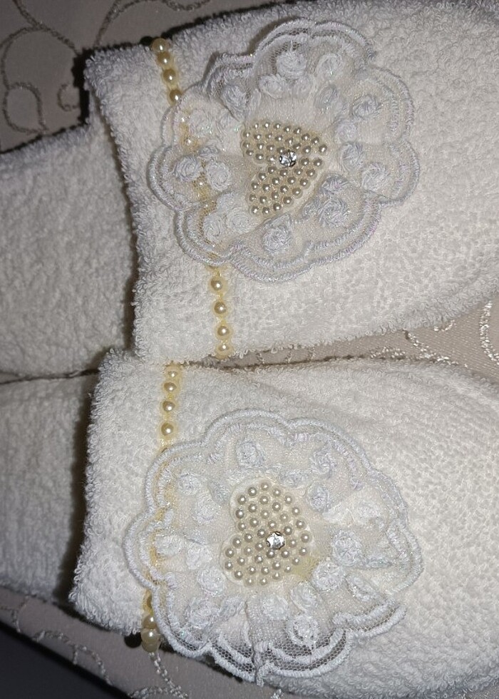 İncili  Krem Lohusa Terlik Taç 4 Lü Set - Görsel 2