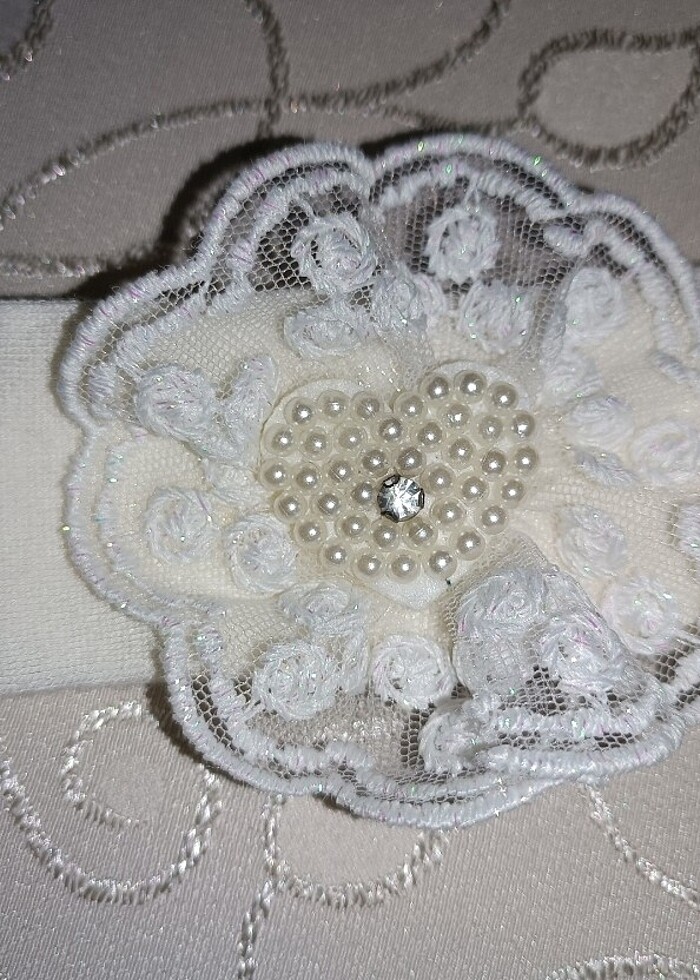 İncili  Krem Lohusa Terlik Taç 4 Lü Set - Görsel 3