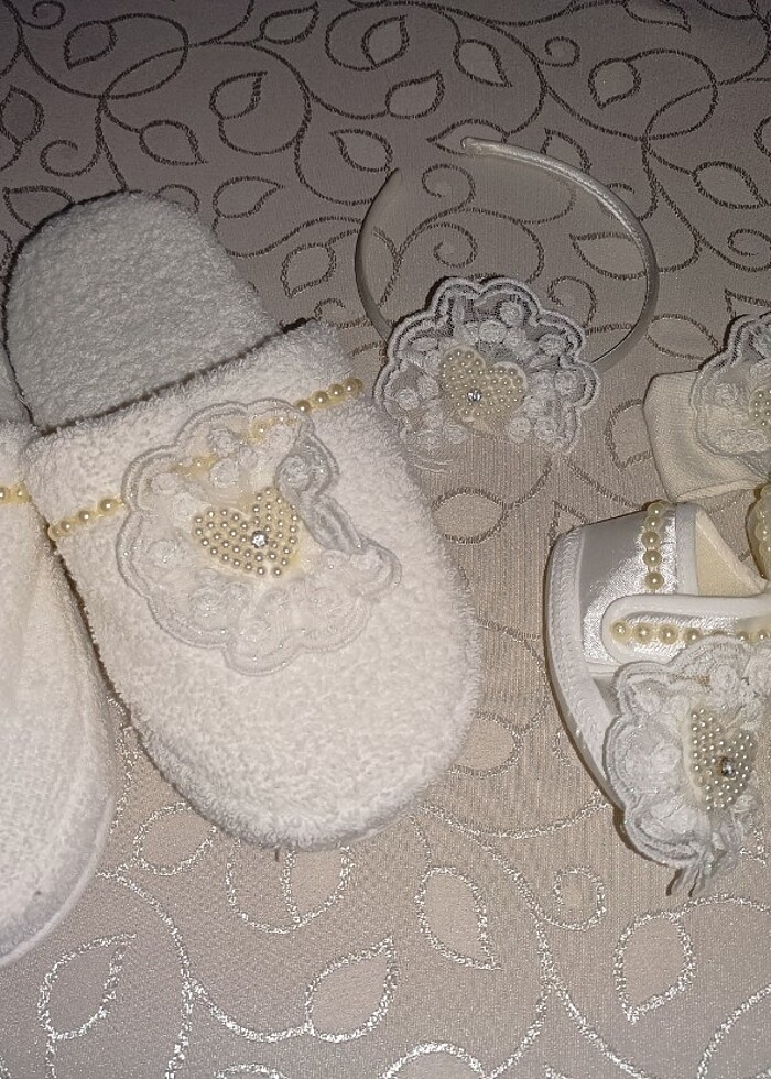 İncili  Krem Lohusa Terlik Taç 4 Lü Set - Görsel 4