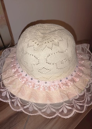 Dantel Detaylı Pembe Bohem Kız Çocuk Şapkası - Görsel 3