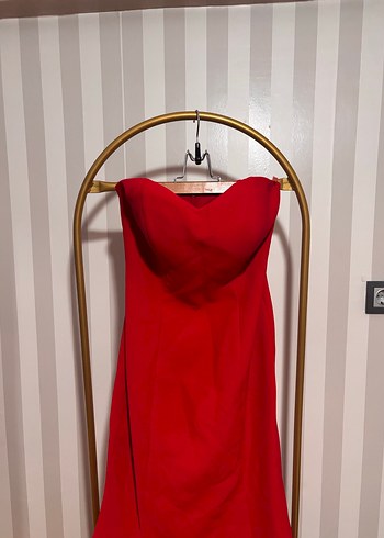 Kırmızı Straplez Uzun Abiye Elbise - Görsel 2