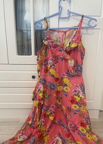 Pembe Çiçekli Uzun Askılı elbise koton - Görsel 5