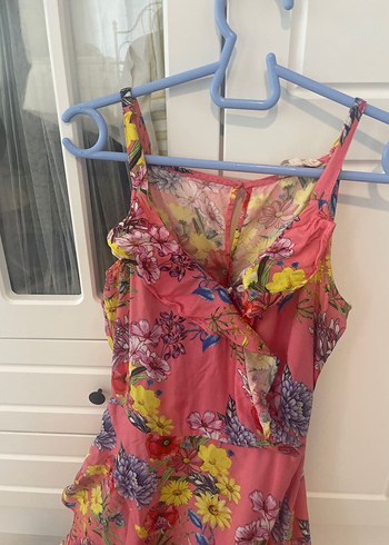 Pembe Çiçekli Uzun Askılı elbise koton - Görsel 7