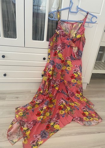 Pembe Çiçekli Uzun Askılı elbise koton - Görsel 3