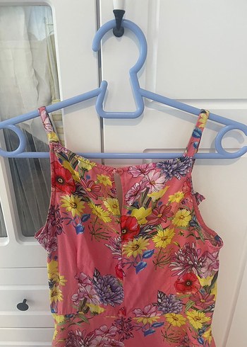 Pembe Çiçekli Uzun Askılı elbise koton - Görsel 8