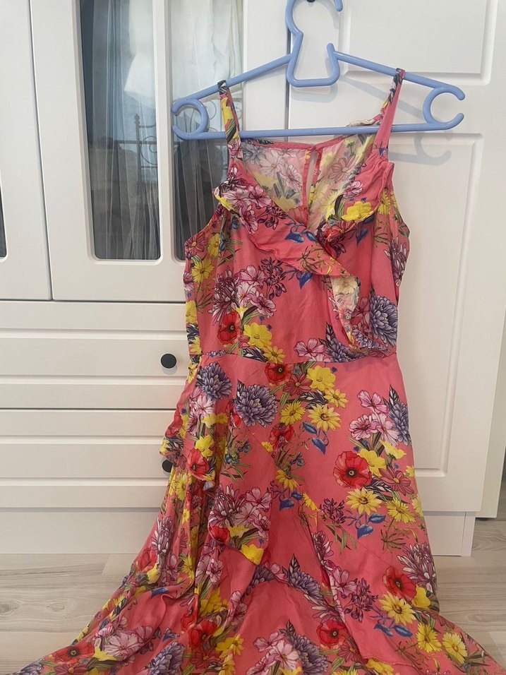 Pembe Çiçekli Uzun Askılı elbise koton - Görsel 5