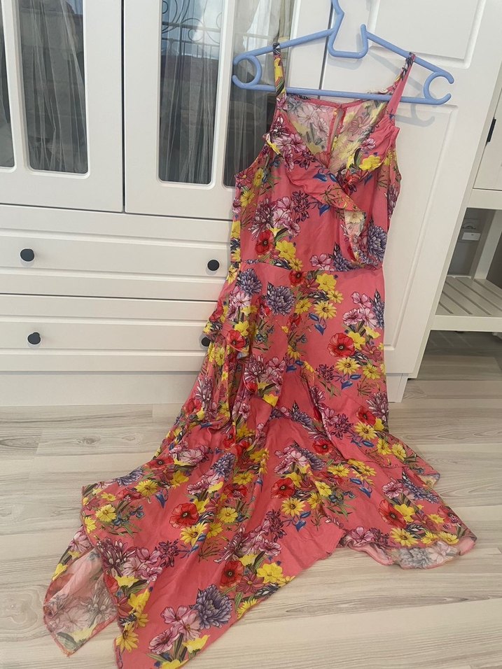 Pembe Çiçekli Uzun Askılı elbise koton - Görsel 3