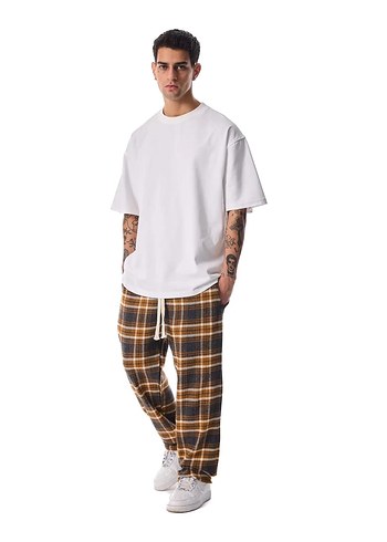 Oversize Sokak Stili Unisex Ekoseli Eşofman Altı - Hardal - Görsel 2