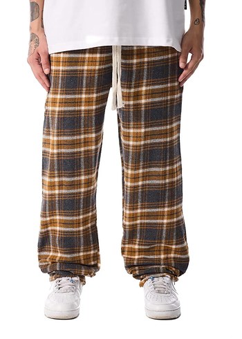 Oversize Sokak Stili Unisex Ekoseli Eşofman Altı - Hardal - Görsel 4