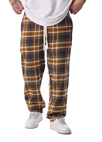 Oversize Sokak Stili Unisex Ekoseli Eşofman Altı - Hardal - Görsel 7