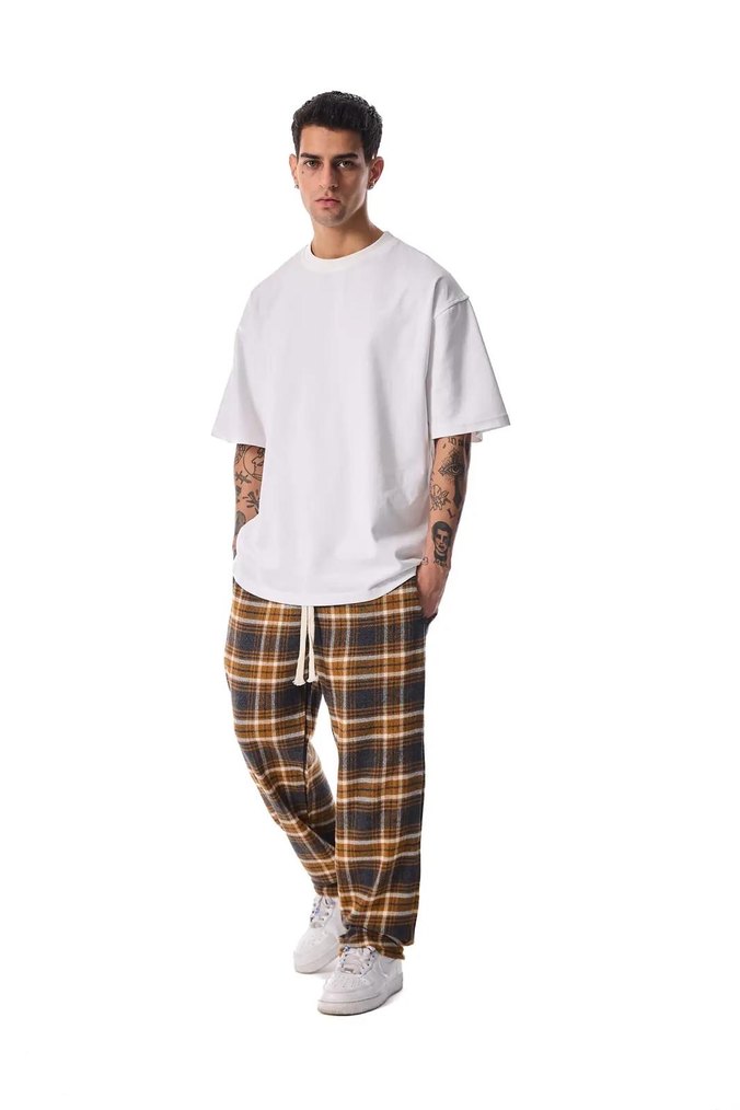 Oversize Sokak Stili Unisex Ekoseli Eşofman Altı - Hardal - Görsel 2