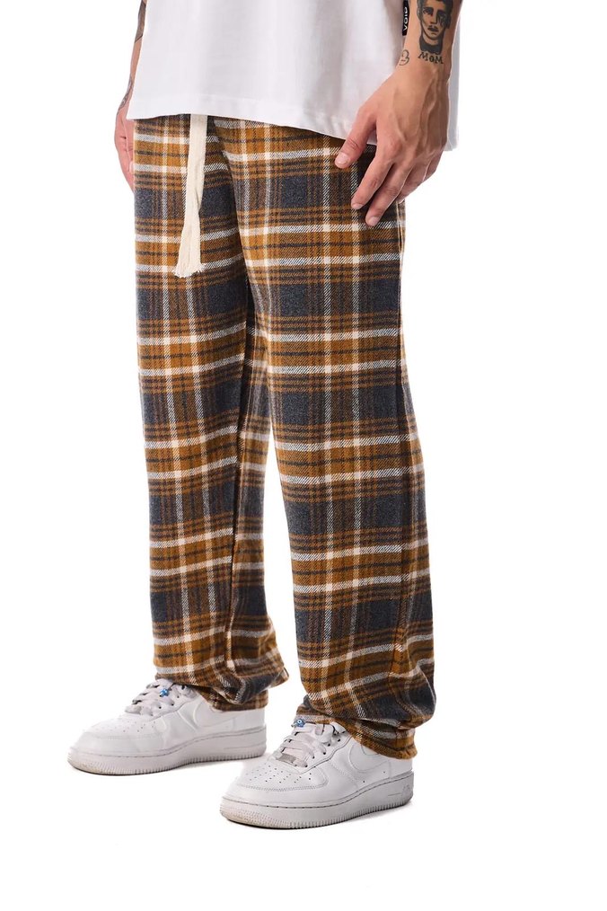 Oversize Sokak Stili Unisex Ekoseli Eşofman Altı - Hardal - Görsel 5