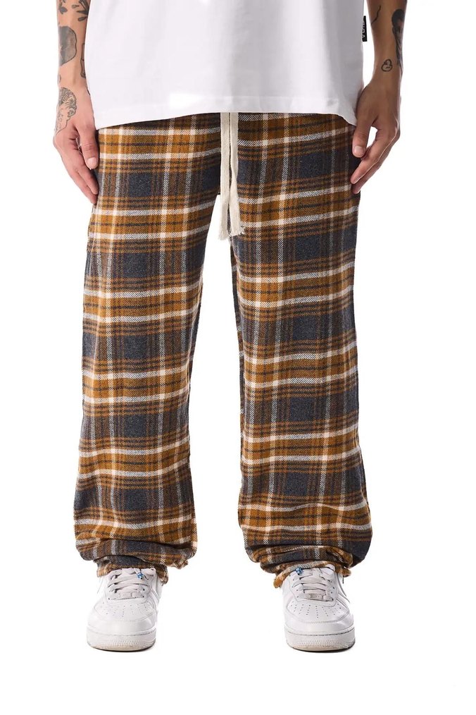 Oversize Sokak Stili Unisex Ekoseli Eşofman Altı - Hardal - Görsel 4