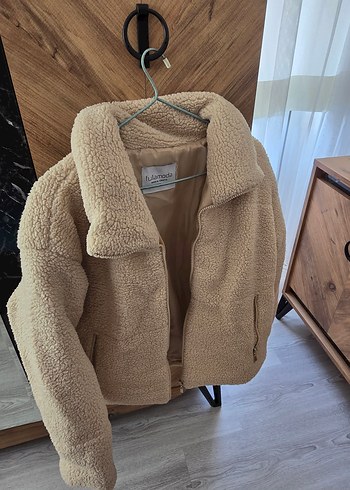 Bej Kadın Midi Boy Peluş Ceket