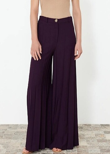 m Beden mor Renk Palazzo Mürdüm Düğme Detaylı Pantalon