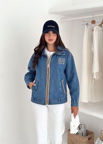 Cep Detaylı Fermuarlı Mavi Denim Ceket