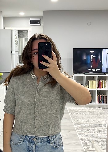 Gri Kısa Kollu Triko Hırka - Görsel 5