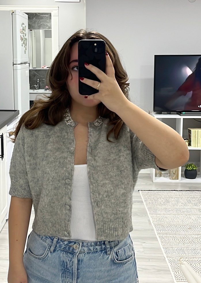 Gri Kısa Kollu Triko Hırka - Görsel 4