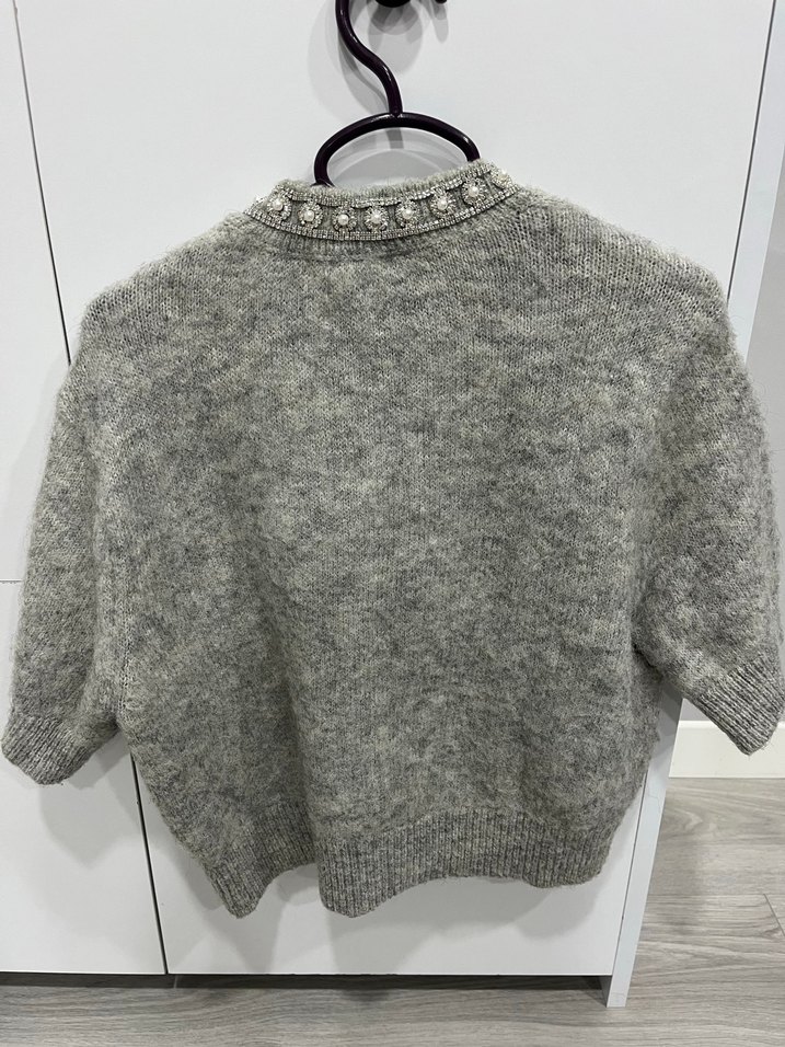 Gri Kısa Kollu Triko Hırka - Görsel 3