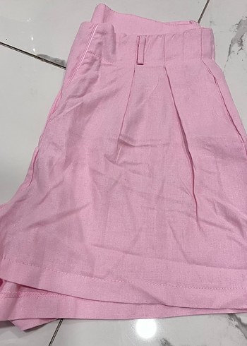 Pembe  Keten Mini Şort - Görsel 3