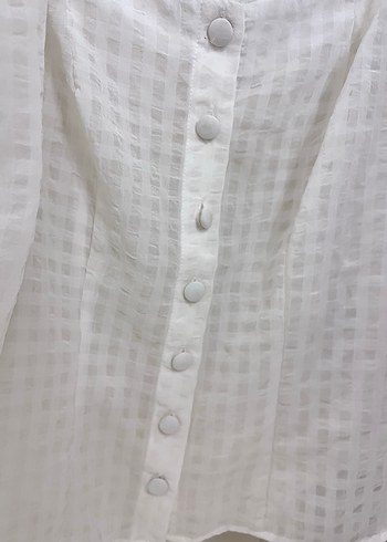 Düğmeli Beyaz Kareli Pamuklu Bluz - Görsel 3