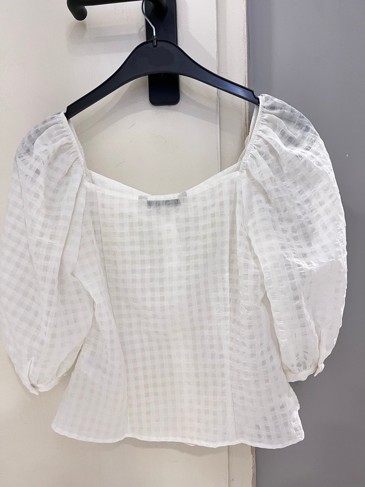 Düğmeli Beyaz Kareli Pamuklu Bluz - Görsel 2